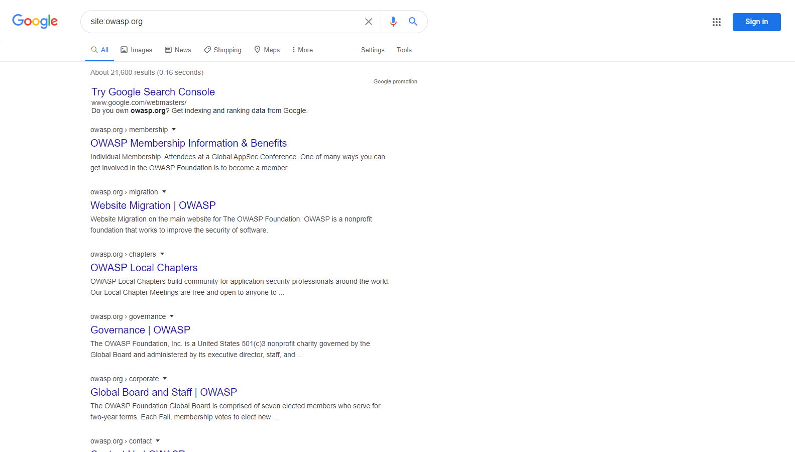 Google Site Operation Search Result Example